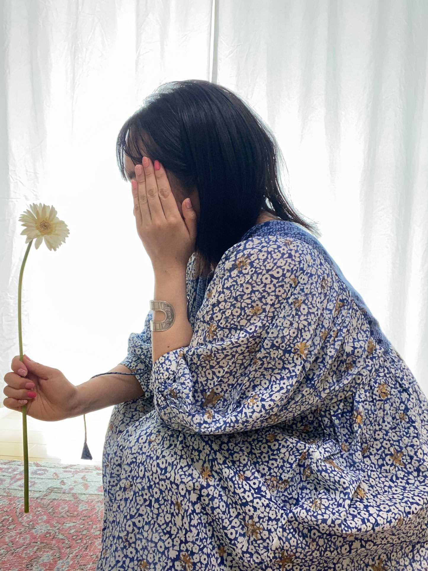 (受注販売)ブルーが美しいブロックプリントワンピース