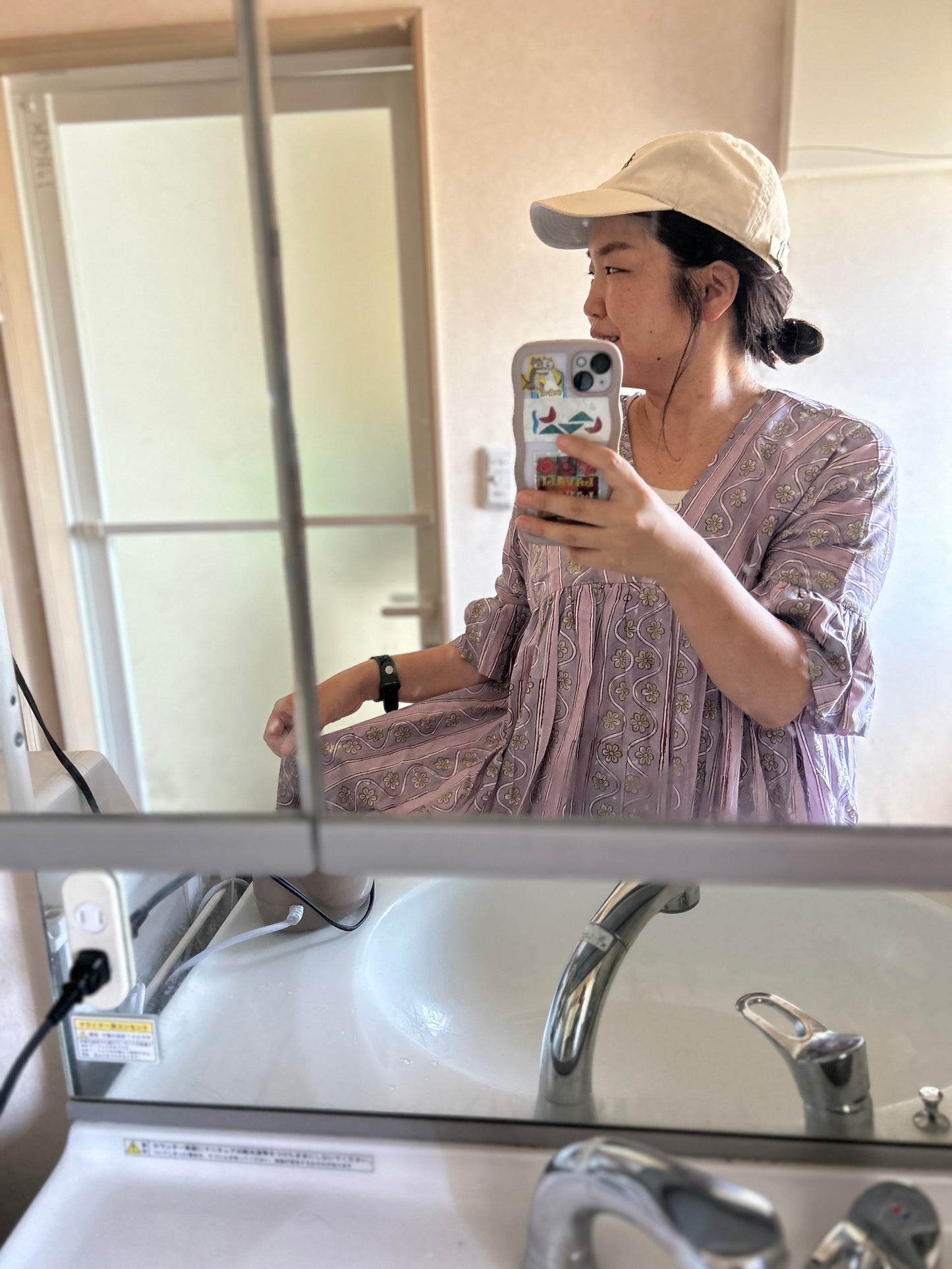 (即納)花びらみたいな半袖ナチュラルワンピースパープルストライプ