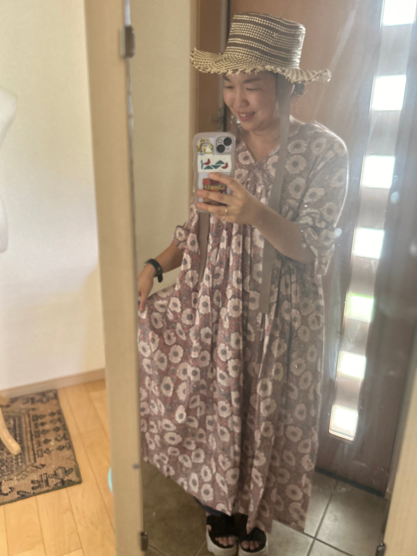 (即納)花びらみたいな半袖ナチュラルワンピースナチュラルグレー