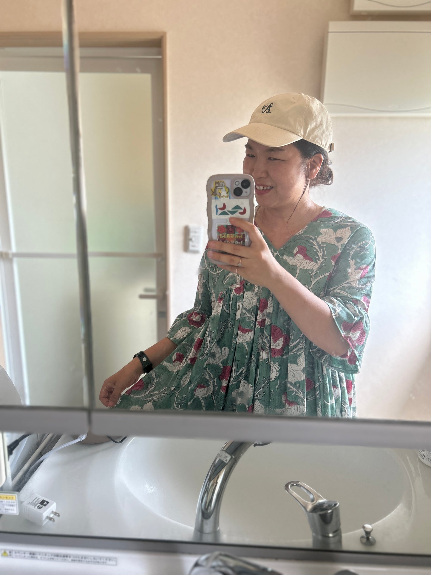 (即納)花びらみたいな半袖ナチュラルワンピースアネモネグリーン