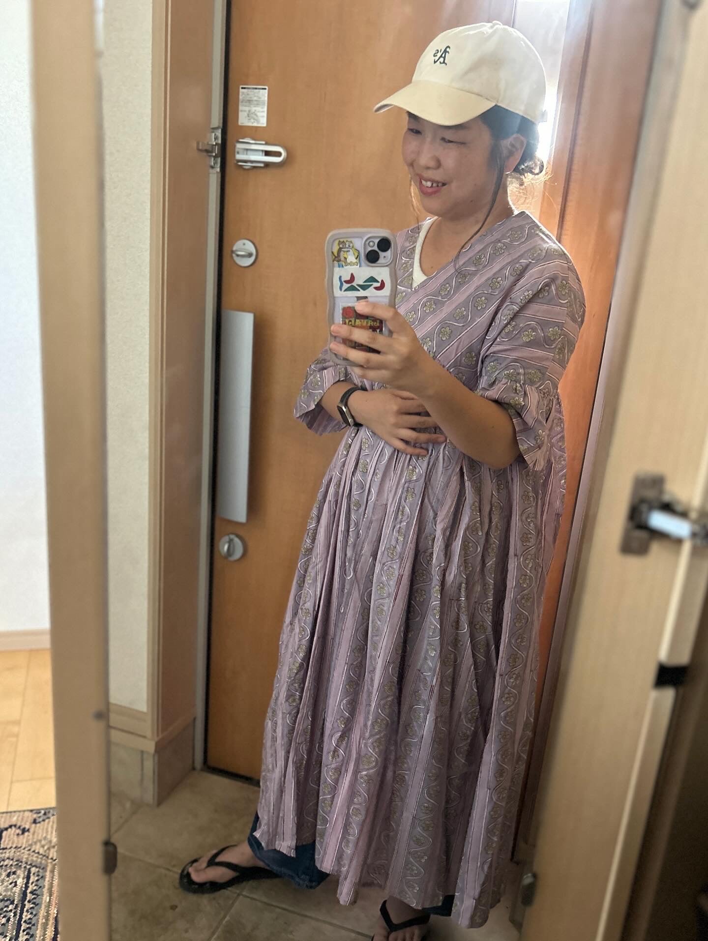 (即納)花びらみたいな半袖ナチュラルワンピースパープルストライプ